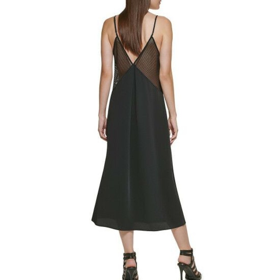 Women'S Clothing * | Promo Dkny Mixed Media Double V-Neck Sleeveless Mesh Back Detail Slip Midi Dress Black