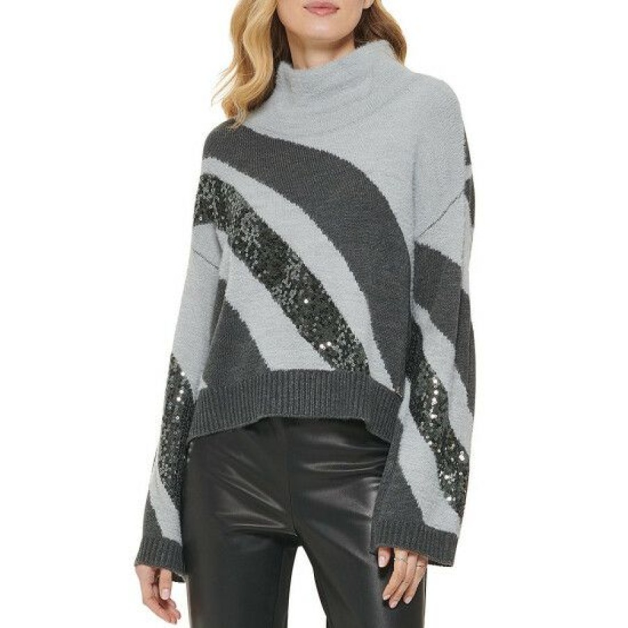 Women'S Clothing * | Flash Sale Dkny Cowl Neck Long Sleeve Sequined Stripe Sweater