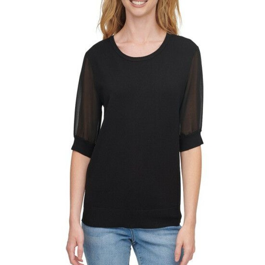 Women'S Clothing * | Promo Dkny Mixed Media Chiffon Short Sleeve Scoop Neck Fine Gauge Sweater Knit Top Black