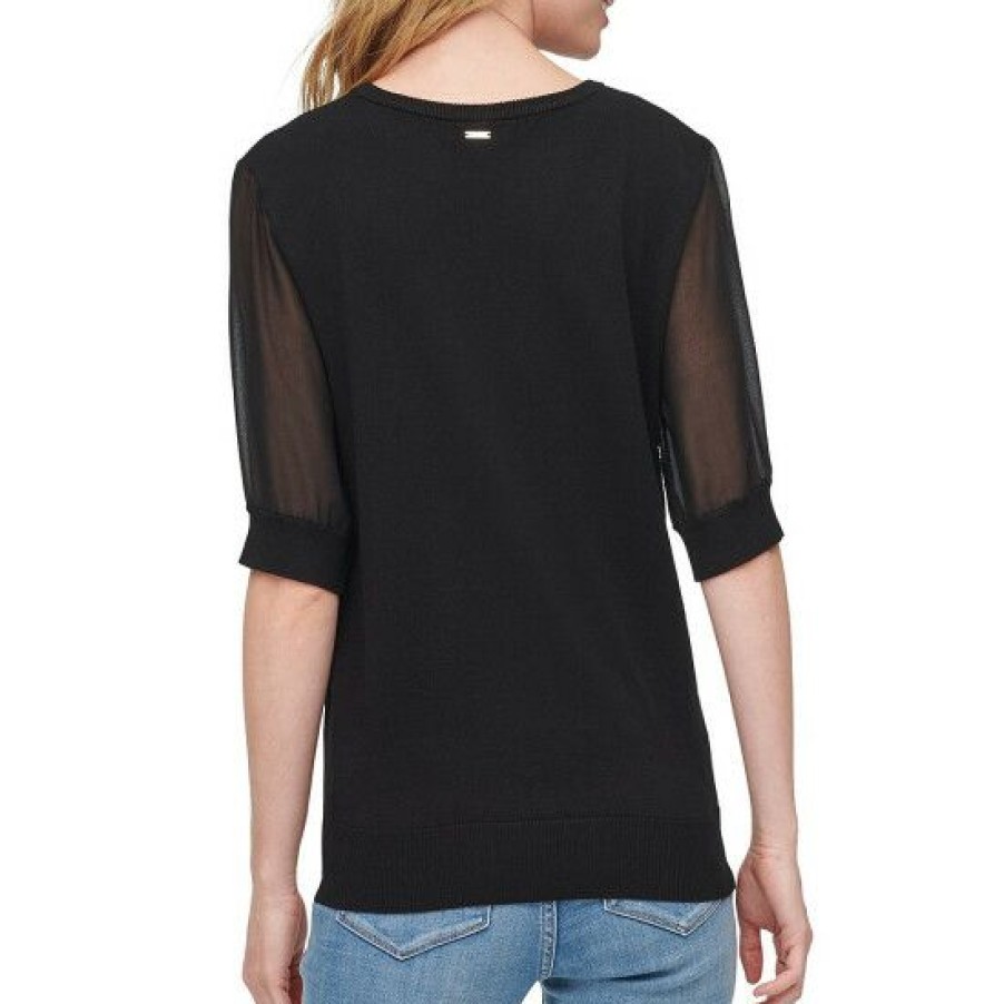 Women'S Clothing * | Promo Dkny Mixed Media Chiffon Short Sleeve Scoop Neck Fine Gauge Sweater Knit Top Black