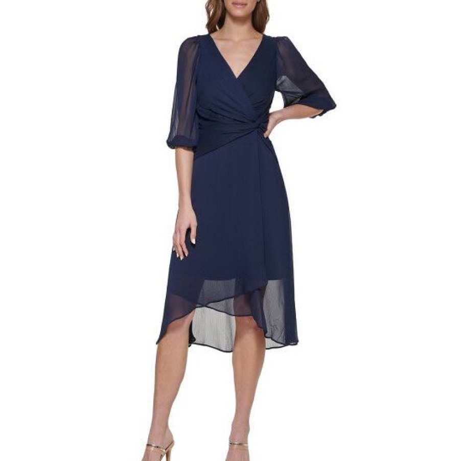 Women'S Clothing * | Best Deal Dkny Chiffon Surplice V-Neck 3/4 Balloon Sleeve Side Twist High-Low Midi Dress Midnight