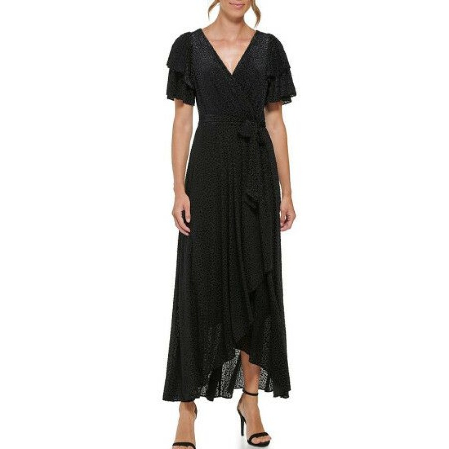 Women'S Clothing * | Coupon Dkny Velvet Burnout Short Flutter Sleeve Surplice V-Neck High-Low Faux Wrap Dress Black