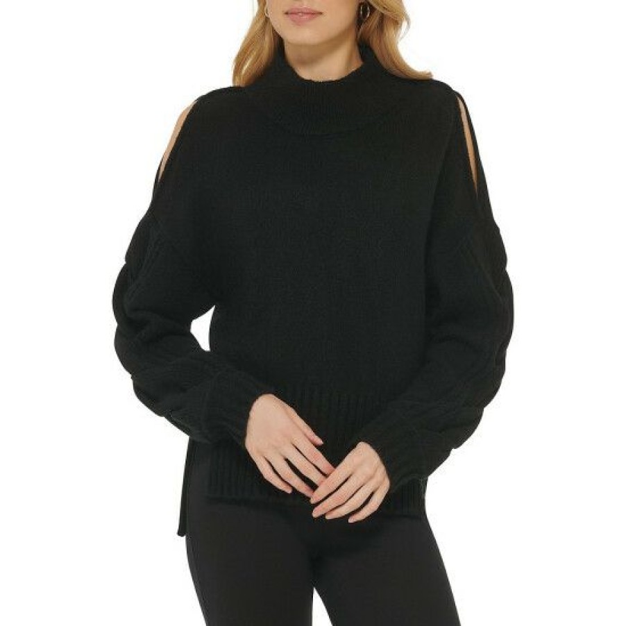 Women'S Clothing * | Cheap Dkny Braided Long Sleeve Side Slit Crew Neck Sweater