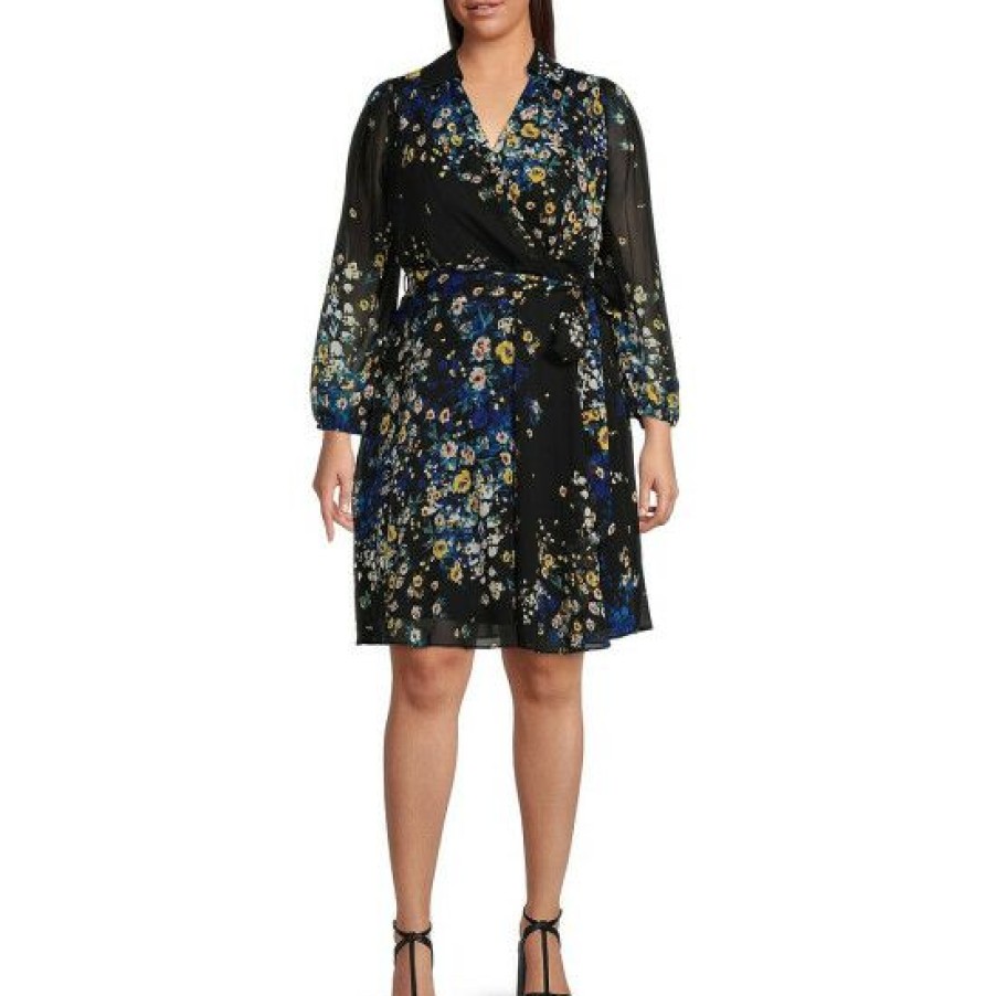 Women'S Clothing * | New Dkny Plus Size Surplice V-Neck Long Blouson Sleeve Floral Print Chiffon Faux Wrap Dress Black/Golden