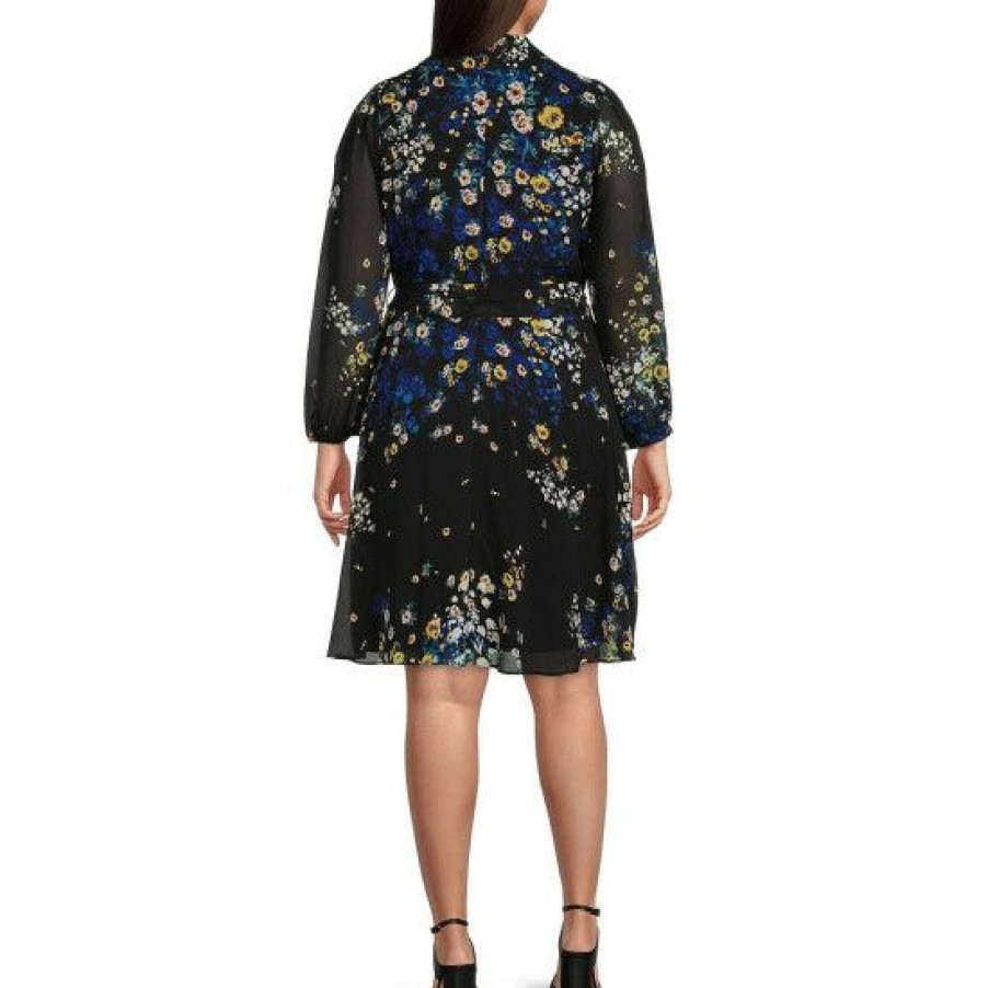 Women'S Clothing * | New Dkny Plus Size Surplice V-Neck Long Blouson Sleeve Floral Print Chiffon Faux Wrap Dress Black/Golden