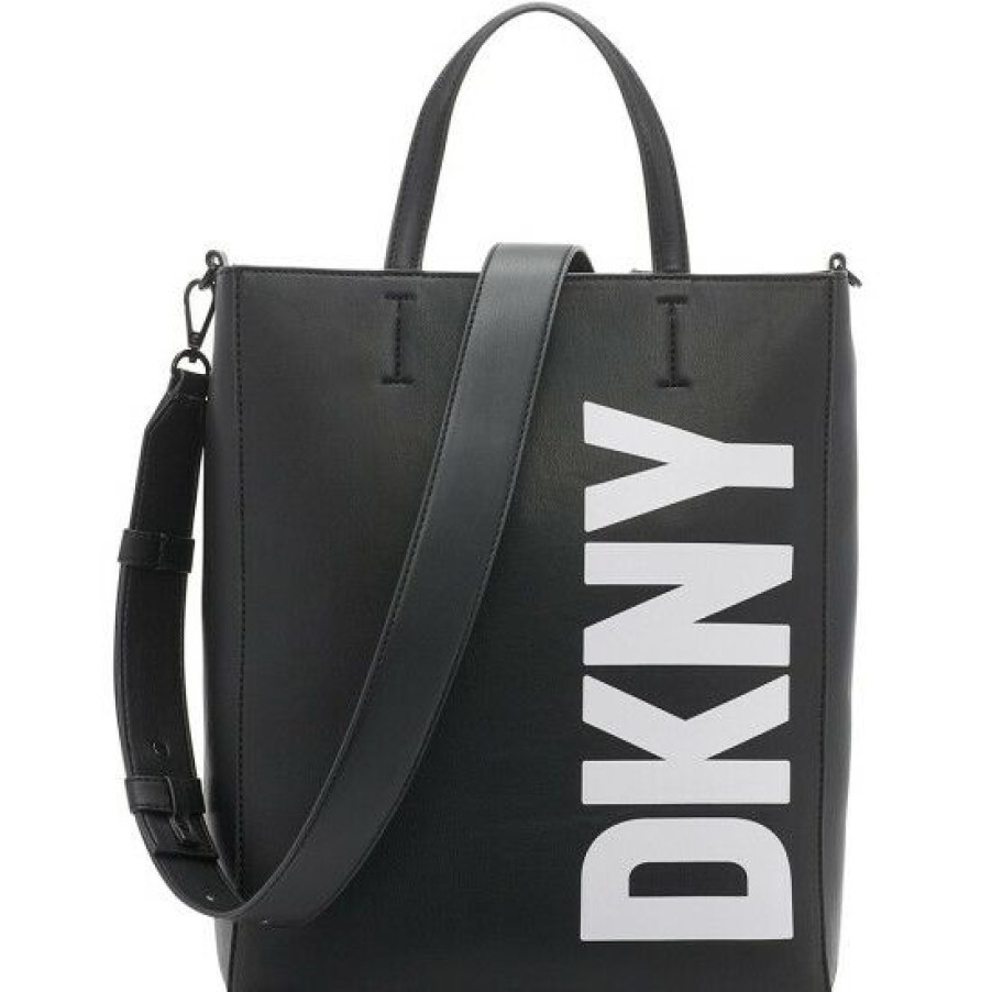 Women'S Clothing * | Best Pirce Dkny Dnky Tilly North South Vegan Leather Spellout Logo Tote Bag Black