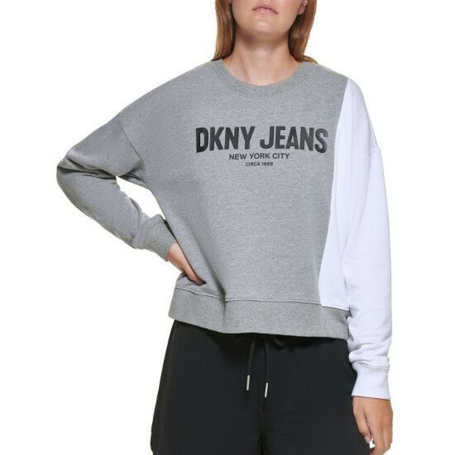 Women'S Clothing * | Best Reviews Of Dkny Jeans Color Block Logo Crew Neck Long Sleeve Ribbed Knit Sweatshirt Avenue Grey/White