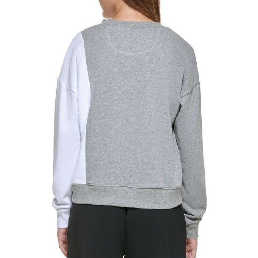 Women'S Clothing * | Best Reviews Of Dkny Jeans Color Block Logo Crew Neck Long Sleeve Ribbed Knit Sweatshirt Avenue Grey/White