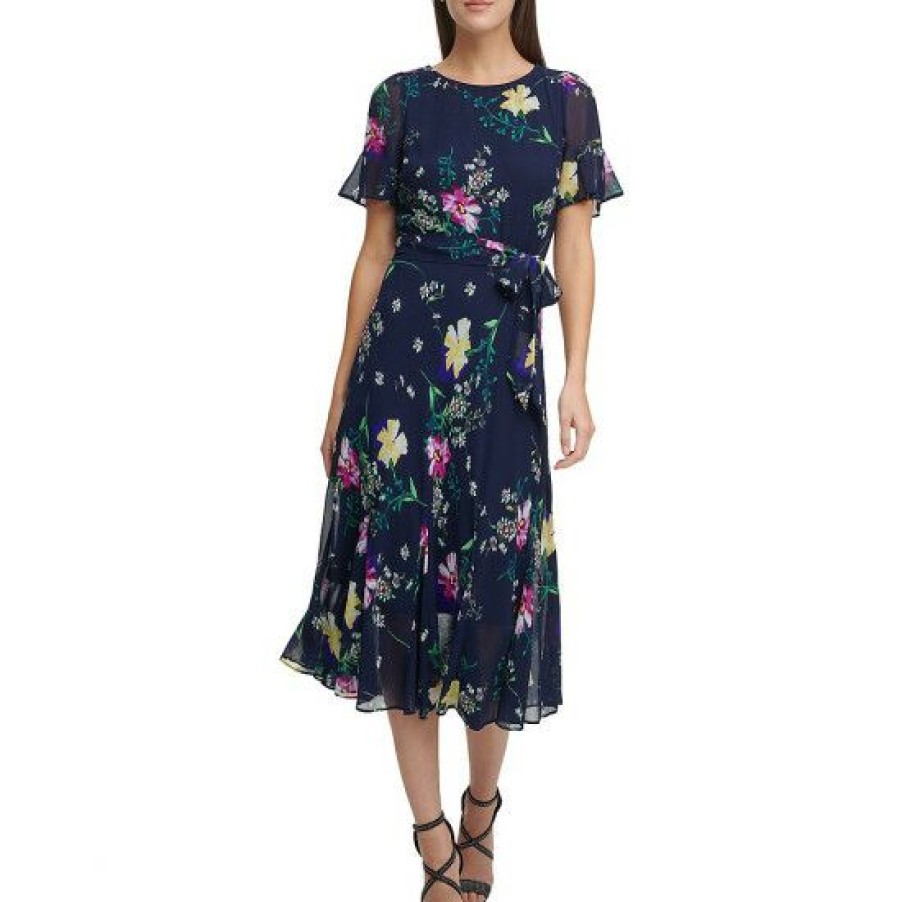 Women'S Clothing * | Best Sale Dkny Petite Size Short Flutter Sleeve Floral Print Chiffon Round Neck Midi Dress Navy Multi