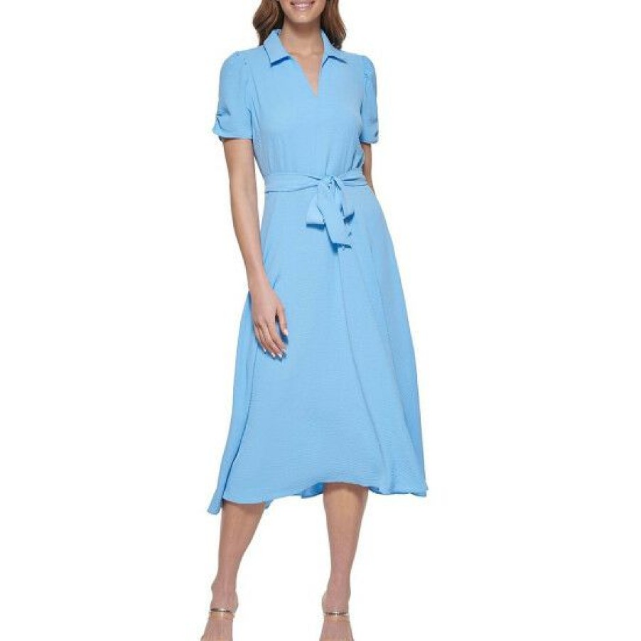 Women'S Clothing * | Best Pirce Dkny Short Ruched Sleeve Polo Collar A-Line Midi Dress Zelda Blue