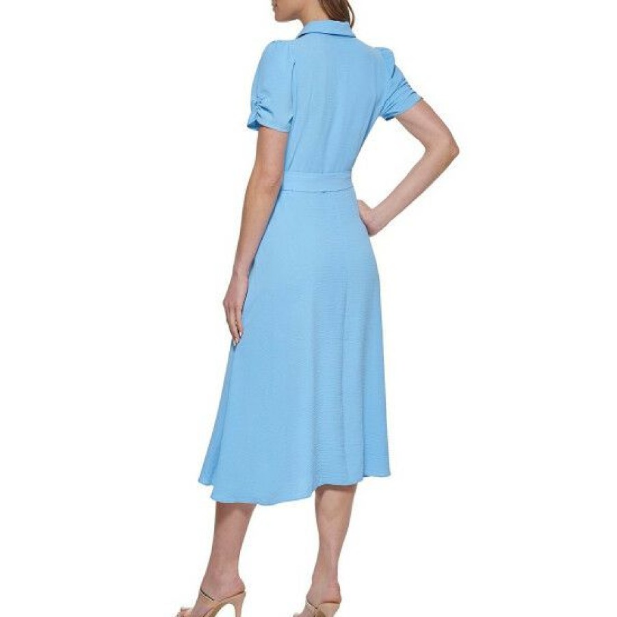 Women'S Clothing * | Best Pirce Dkny Short Ruched Sleeve Polo Collar A-Line Midi Dress Zelda Blue