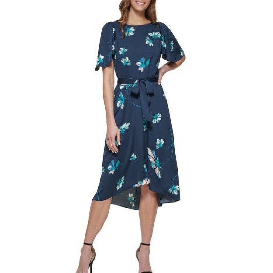 Women'S Clothing * | Coupon Dkny Floral Print Satin Short Flutter Sleeve Round Neck Tie Waist High-Low Midi Dress Midnight/Glass Green Multi