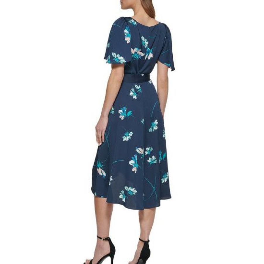 Women'S Clothing * | Coupon Dkny Floral Print Satin Short Flutter Sleeve Round Neck Tie Waist High-Low Midi Dress Midnight/Glass Green Multi