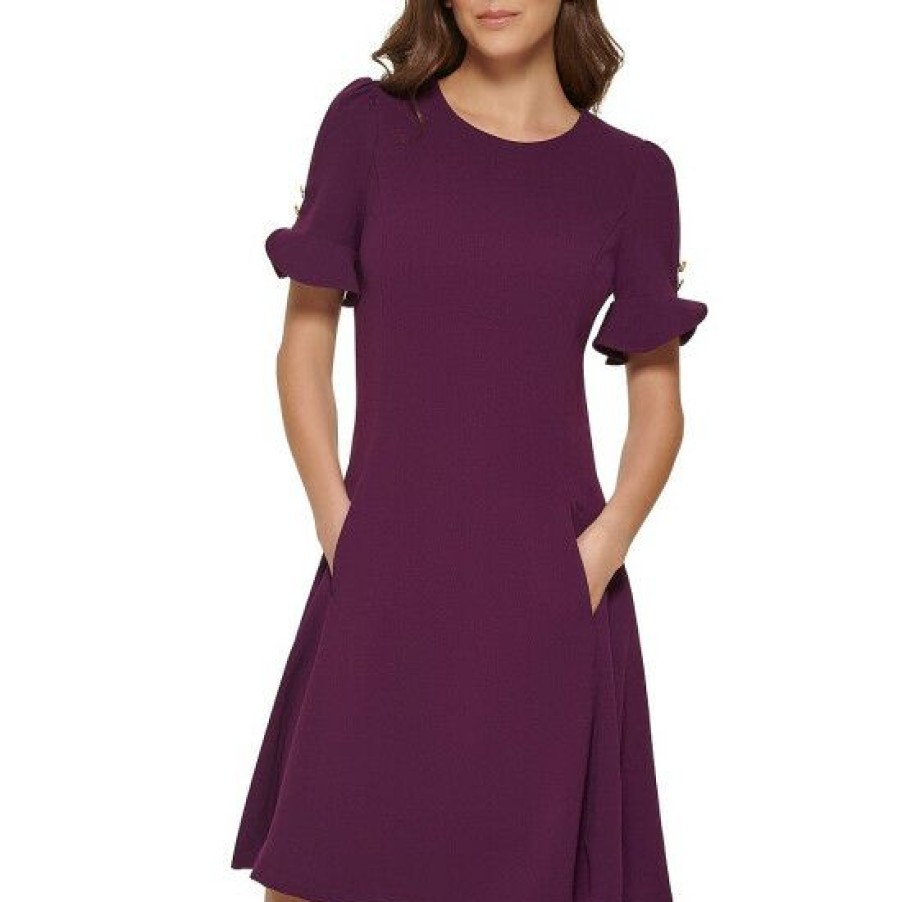 Women'S Clothing * | Top 10 Dkny Petite Size Scuba Crepe Knit Jewel Neck Flounce Short Sleeve Sheath Dress Wine