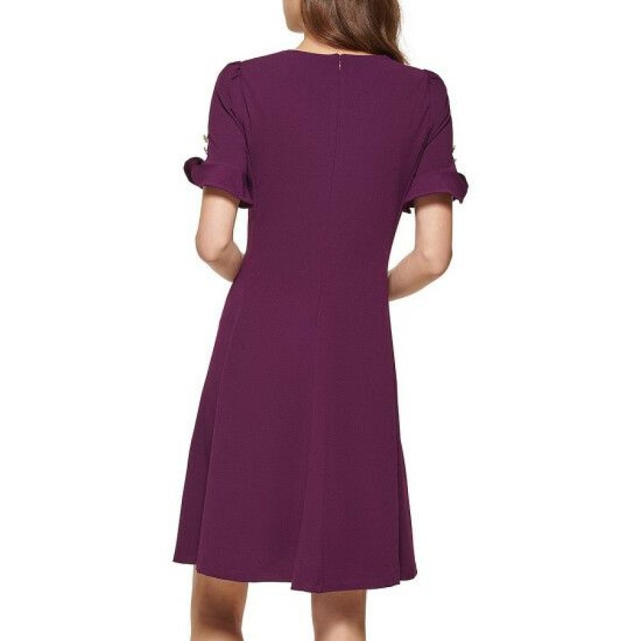 Women'S Clothing * | Top 10 Dkny Petite Size Scuba Crepe Knit Jewel Neck Flounce Short Sleeve Sheath Dress Wine