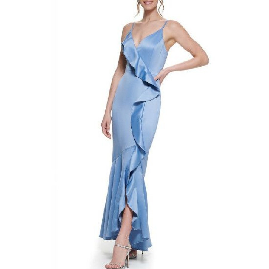 Women'S Clothing * | Buy Dkny Spaghetti Strap V-Neck Ruffle Satin Gown Slate