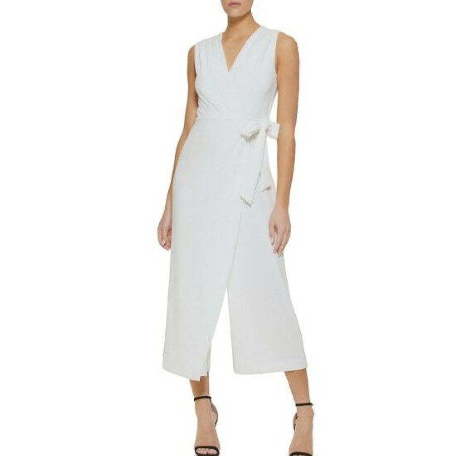 Women'S Clothing * | New Dkny Scuba Crepe V-Neck Sleeveless Bow Tie Side Overlay Crop Jumpsuit Ivory