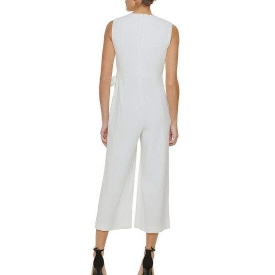 Women'S Clothing * | New Dkny Scuba Crepe V-Neck Sleeveless Bow Tie Side Overlay Crop Jumpsuit Ivory