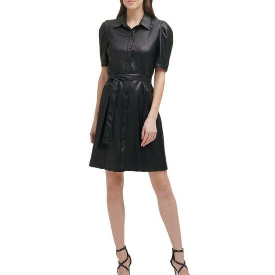 Women'S Clothing * | Best Pirce Dkny Vegan Leather Point Collar Puff Short Sleeve Belted Shirt Dress Black