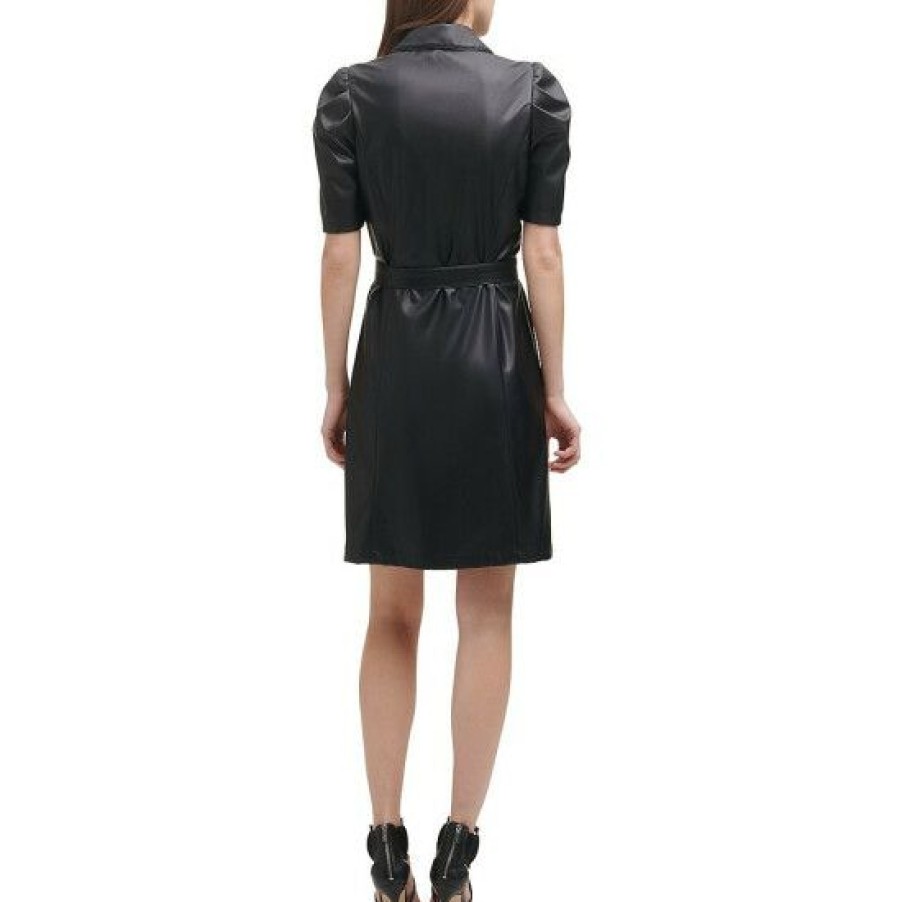 Women'S Clothing * | Best Pirce Dkny Vegan Leather Point Collar Puff Short Sleeve Belted Shirt Dress Black