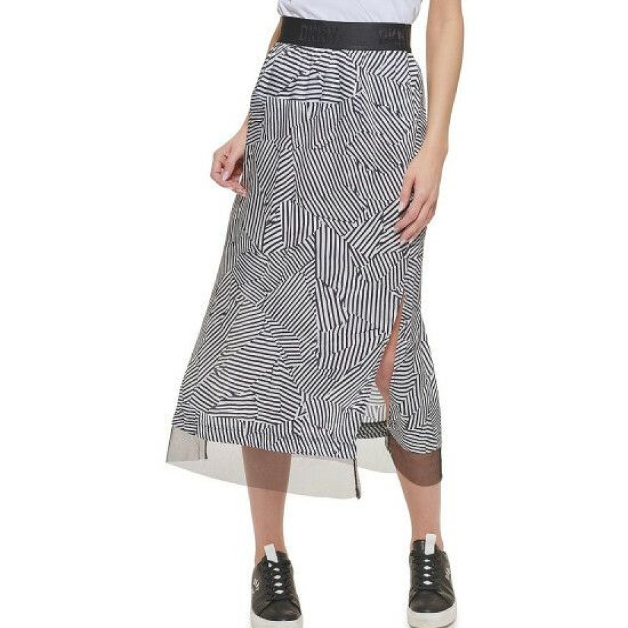 Women'S Clothing * | Promo Dkny Pull-On Printed Tulle Hem Side Slit Midi Skirt Ivory/Black Multi