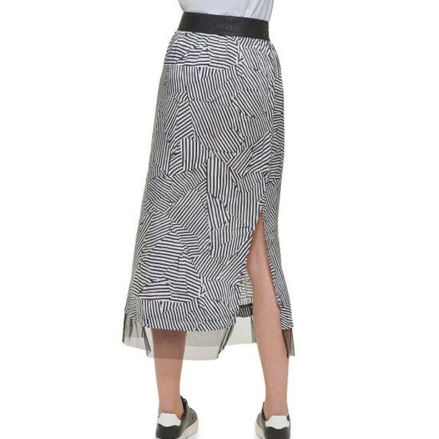 Women'S Clothing * | Promo Dkny Pull-On Printed Tulle Hem Side Slit Midi Skirt Ivory/Black Multi