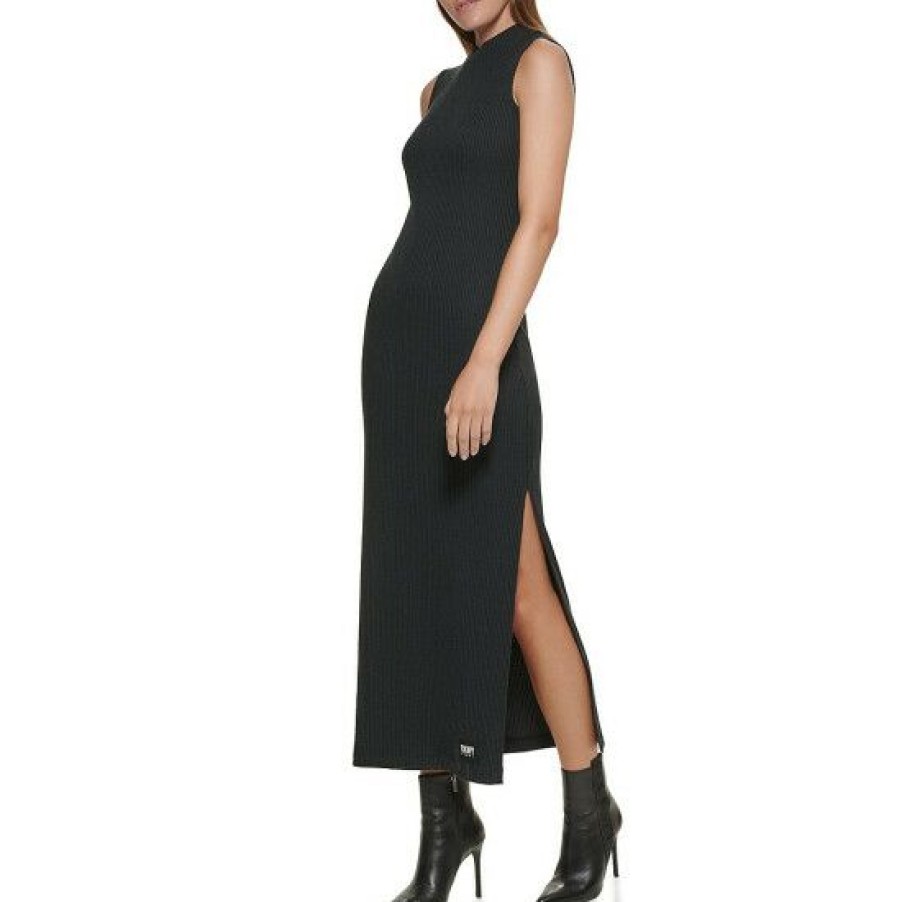 Women'S Clothing * | Buy Dkny Jeans Mock Neck Sleeveless Side Slit Ribbed Knit Maxi Dress Black