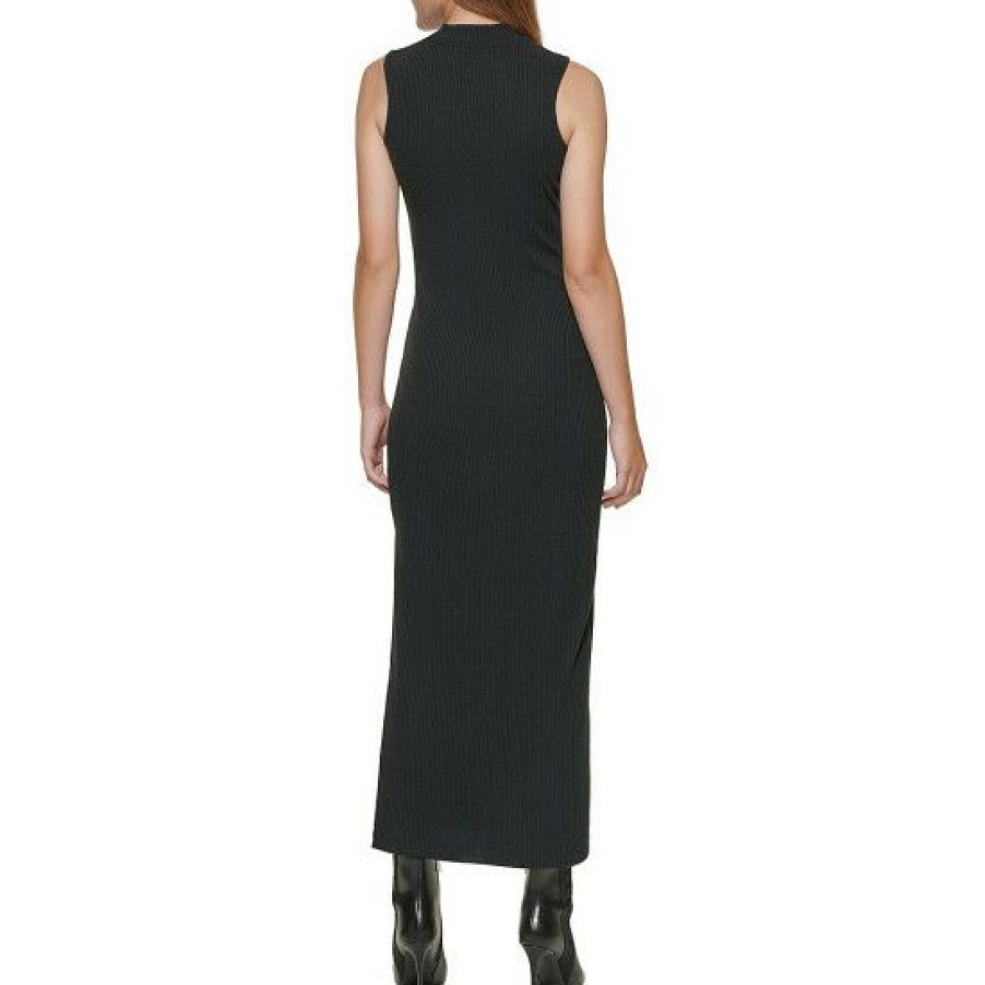 Women'S Clothing * | Buy Dkny Jeans Mock Neck Sleeveless Side Slit Ribbed Knit Maxi Dress Black