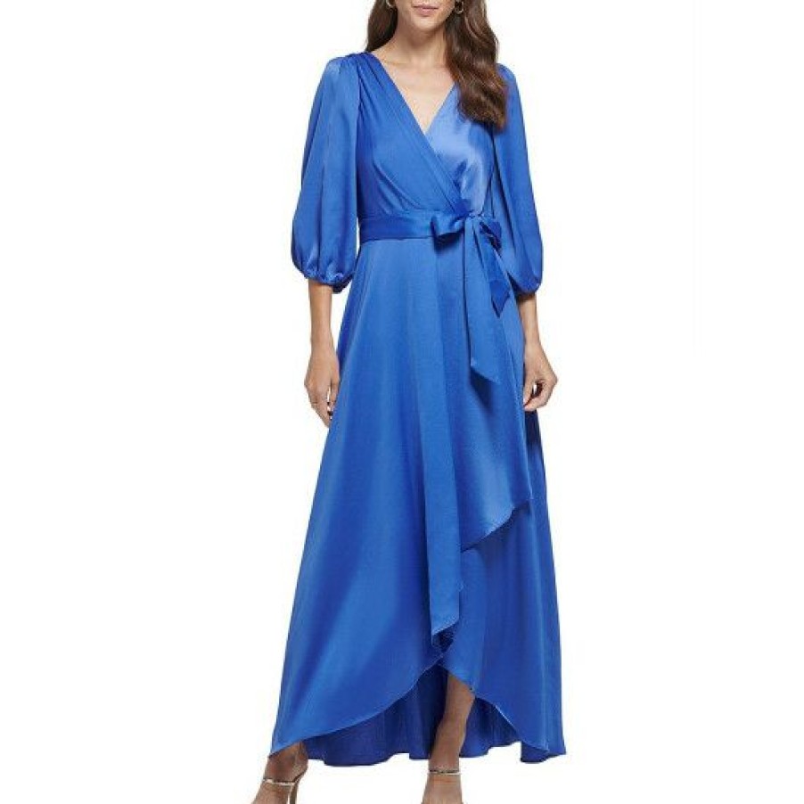 Women'S Clothing * | Deals Dkny Surplice V-Neck 3/4 Balloon Sleeve Faux Wrap Satin Gown Blue Quartz