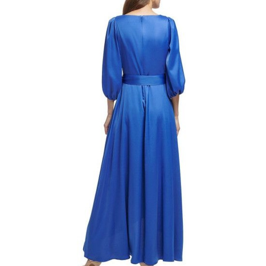 Women'S Clothing * | Deals Dkny Surplice V-Neck 3/4 Balloon Sleeve Faux Wrap Satin Gown Blue Quartz