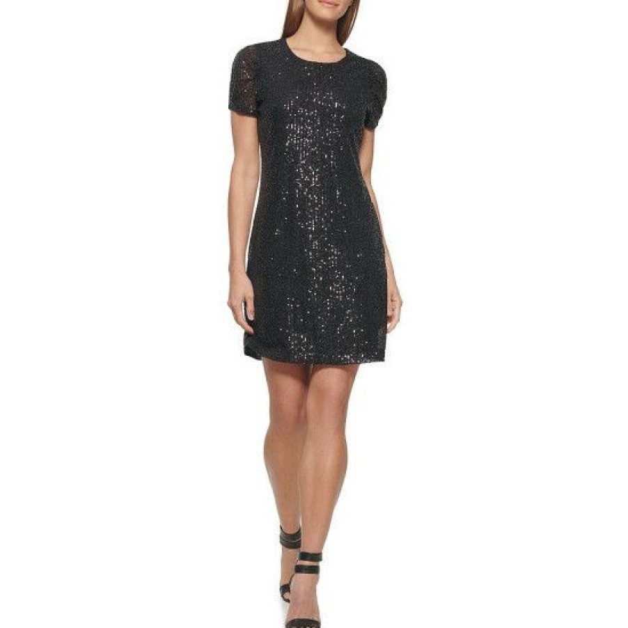 Women'S Clothing * | Budget Dkny Stretch Sequin Jewel Neck Short Ruched Sleeve Dress