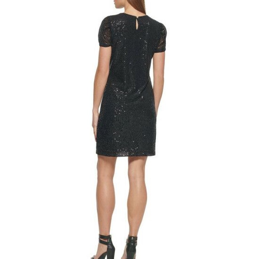 Women'S Clothing * | Budget Dkny Stretch Sequin Jewel Neck Short Ruched Sleeve Dress