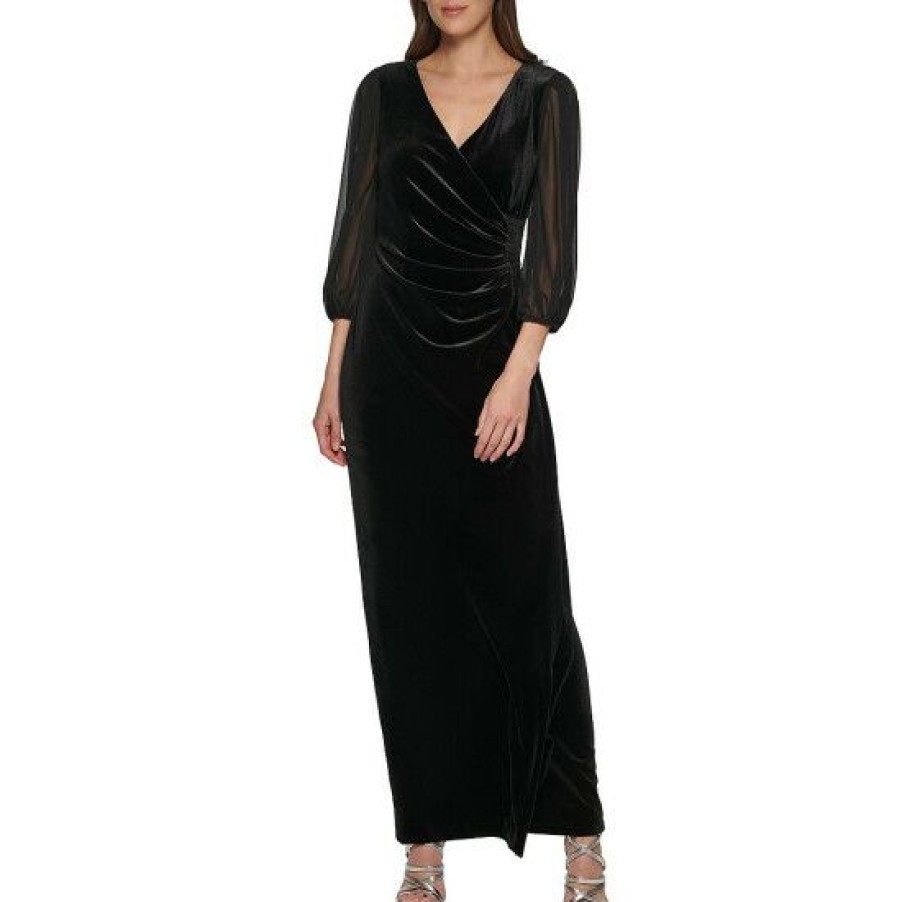 Women'S Clothing * | Cheapest Dkny Side Ruched Stretch Velvet Surplice V-Neck 3/4 Chiffon Balloon Sleeve Dress Black