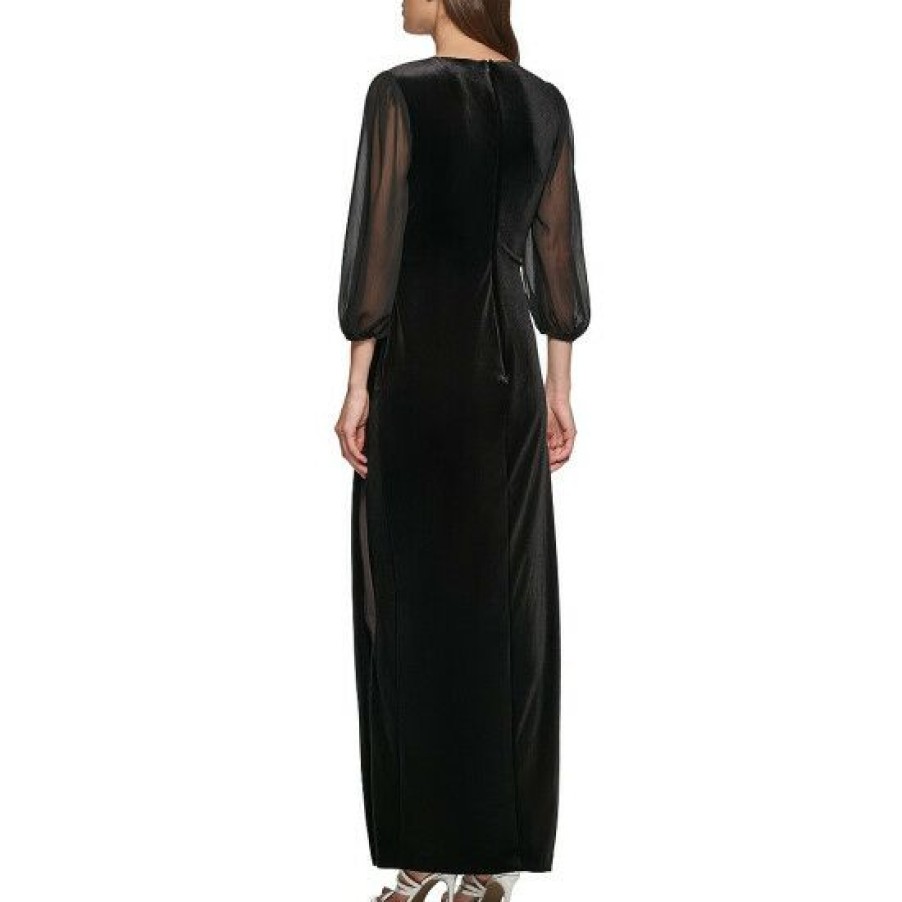 Women'S Clothing * | Cheapest Dkny Side Ruched Stretch Velvet Surplice V-Neck 3/4 Chiffon Balloon Sleeve Dress Black