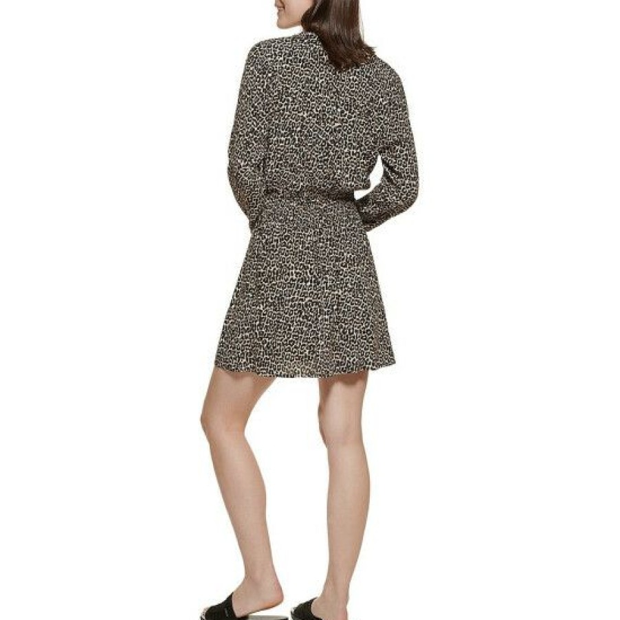 Women'S Clothing * | Cheapest Dkny Leopard Print Split V-Neck Long Sleeve Ruched Blouson Dress Black Multi