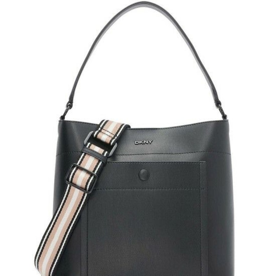 Women'S Clothing * | Flash Sale Dkny Crawford Convertible Vegan Leather Bucket Bag Black/Gold