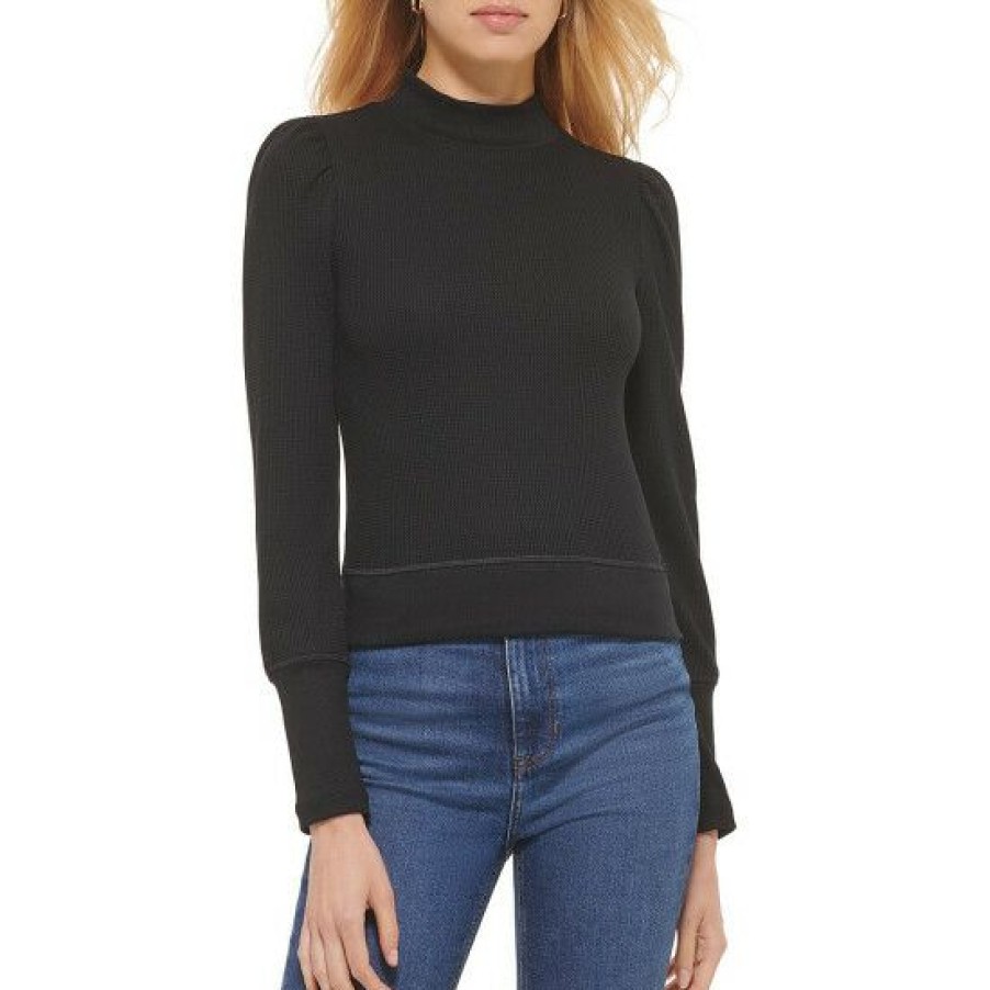 Women'S Clothing * | Buy Dkny Waffle Knit Mock Neck Long Puff Sleeve Top