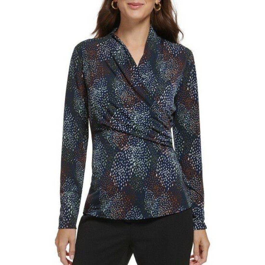 Women'S Clothing * | Top 10 Dkny Printed Surplice V-Neck Long Sleeve Side Ruched Top Midnight Multi