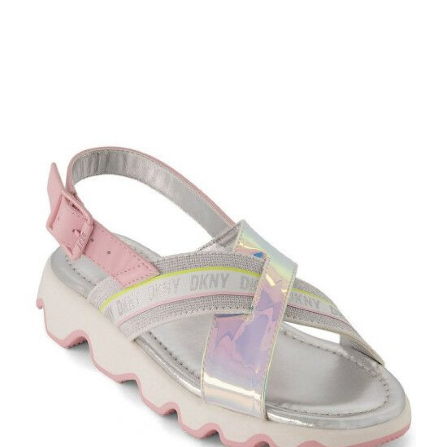 Shoes * | Coupon Dkny Girls' Stella Stretch Metallic Sandals (Toddler) Silver Multi