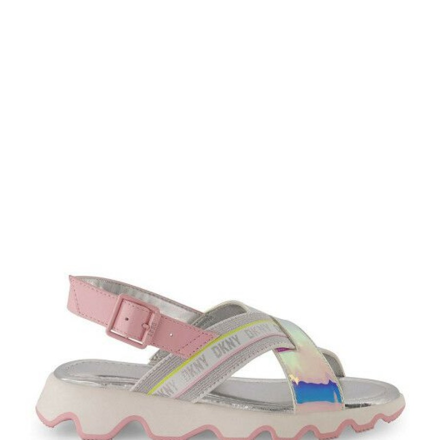 Shoes * | Coupon Dkny Girls' Stella Stretch Metallic Sandals (Toddler) Silver Multi