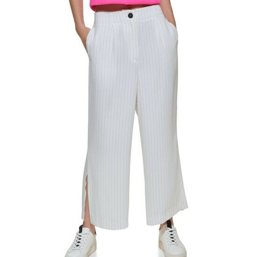 Women'S Clothing * | Best Pirce Dkny Side Slit Wide Leg Pin Stripe Pants White/Black