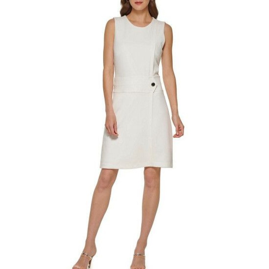 Women'S Clothing * | Outlet Dkny Stretch Crepe Jewel Neck Sleeveless A-Line Button Detail Dress Ivory