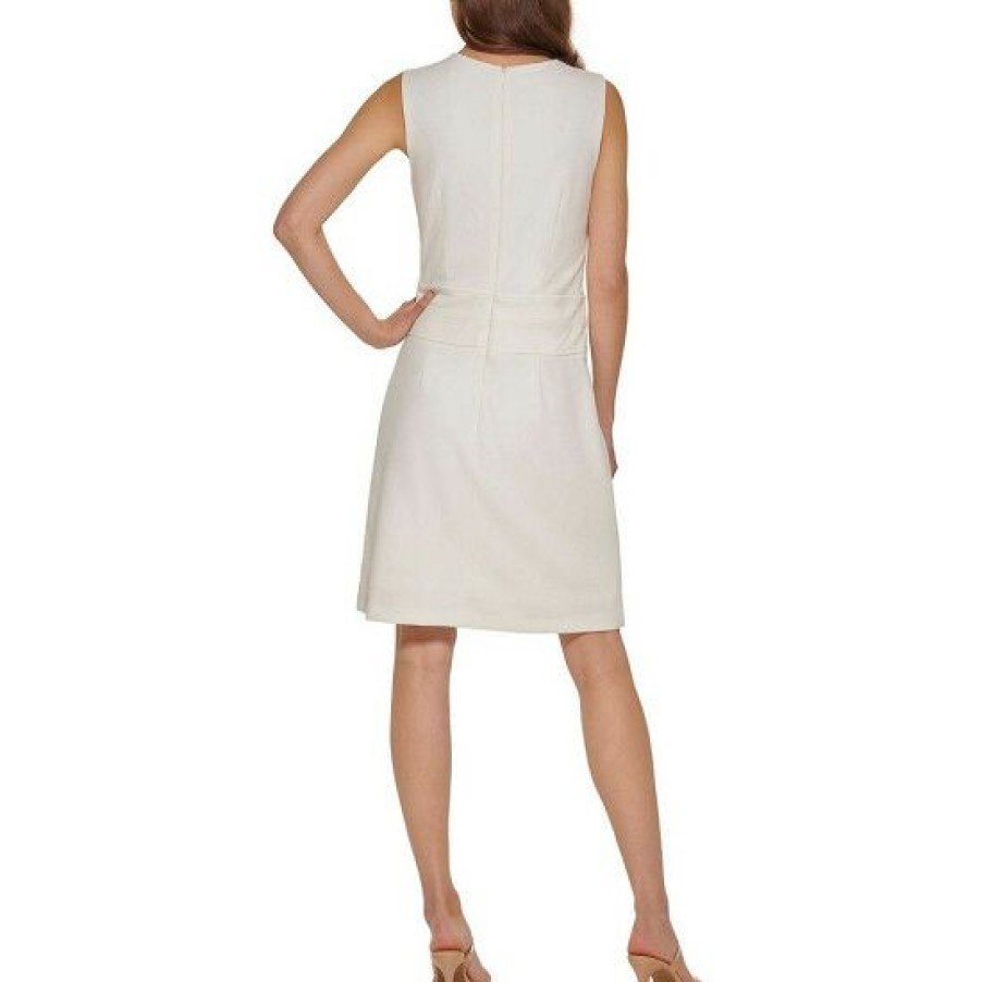 Women'S Clothing * | Outlet Dkny Stretch Crepe Jewel Neck Sleeveless A-Line Button Detail Dress Ivory