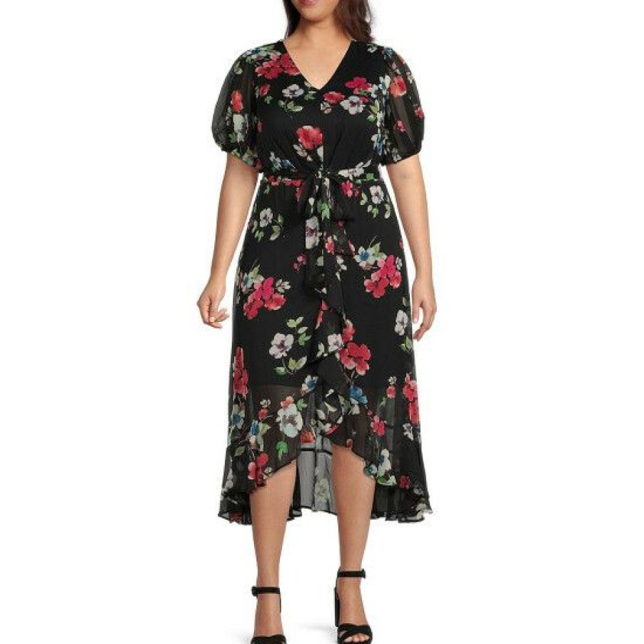 Women'S Clothing * | Buy Dkny Plus Size Floral Print Chiffon V-Neck Short Puff Sleeve Cascade Ruffle Self-Tie Belted Midi Dress Saffron