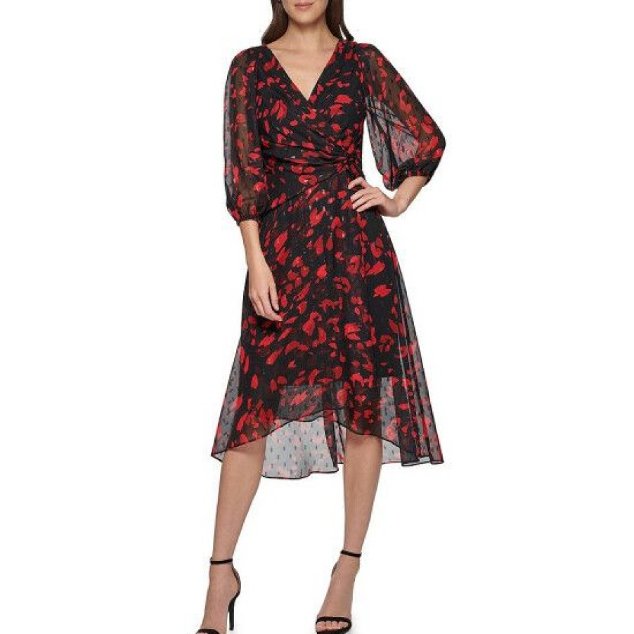 Women'S Clothing * | Promo Dkny Chiffon V-Neck Long Sleeve Faux Wrap Dress Black/Red