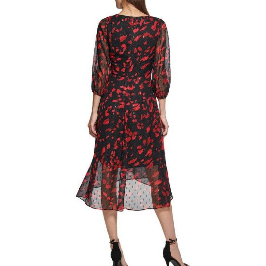 Women'S Clothing * | Promo Dkny Chiffon V-Neck Long Sleeve Faux Wrap Dress Black/Red