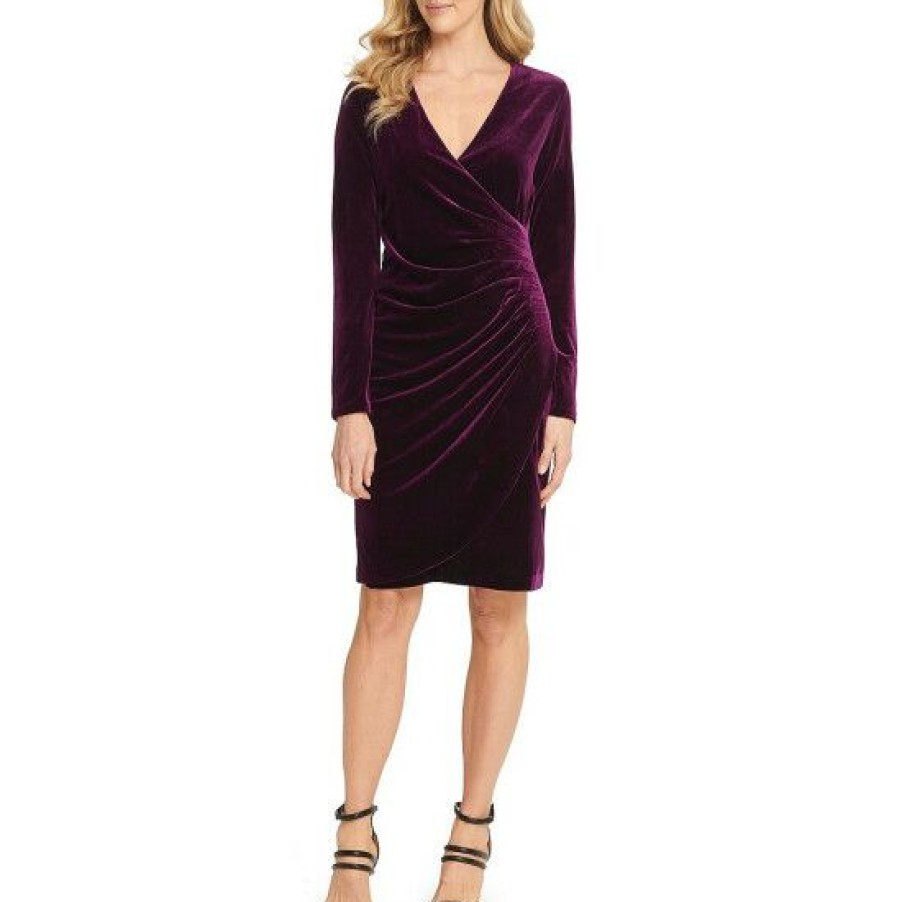 Women'S Clothing * | Wholesale Dkny Long Sleeve Side Ruched Stretch Velvet Sheath Dress