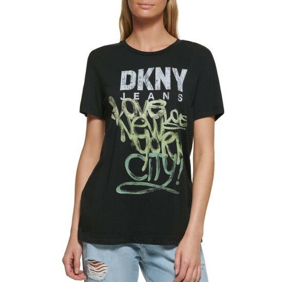 Women'S Clothing * | Best Reviews Of Dkny Jeans Graffiti Logo Crew Neck Short Sleeve T-Shirt