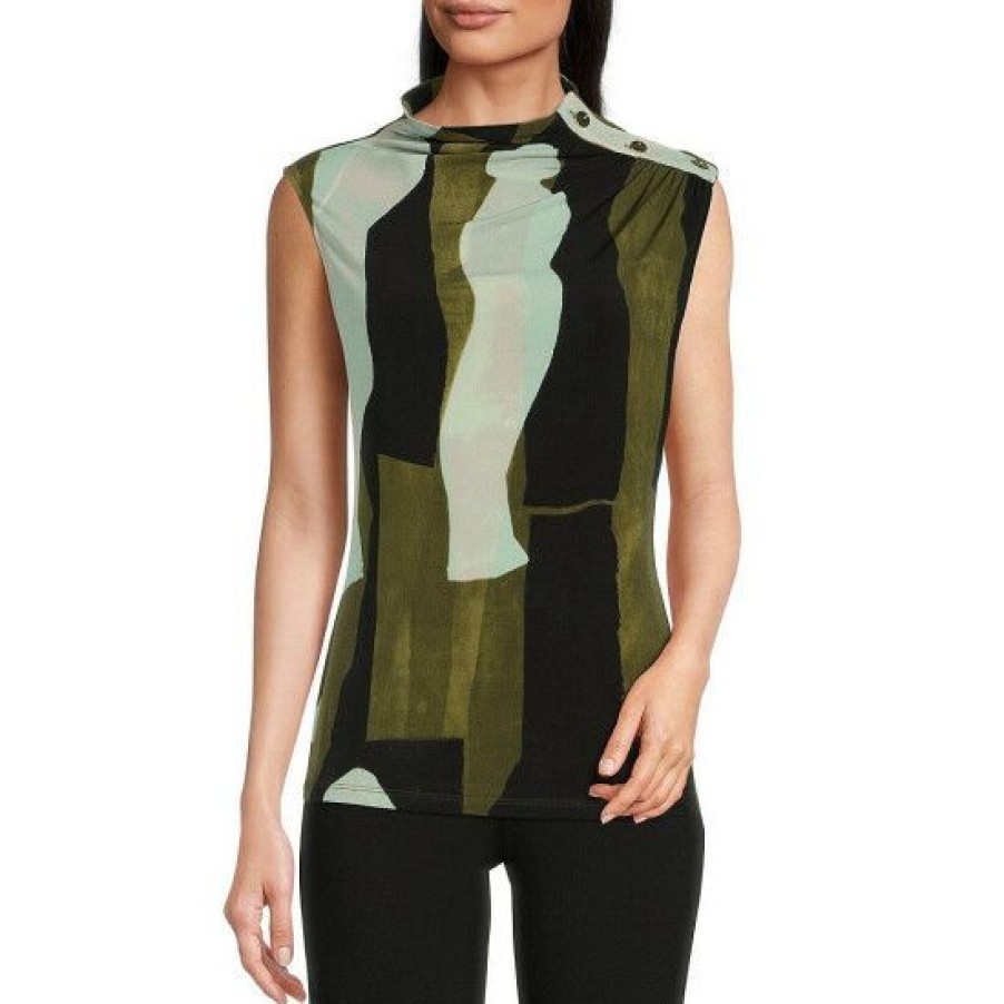 Women'S Clothing * | Hot Sale Dkny Mock Neck 3-Button Shoulder Knit Tank Top Olive Multi