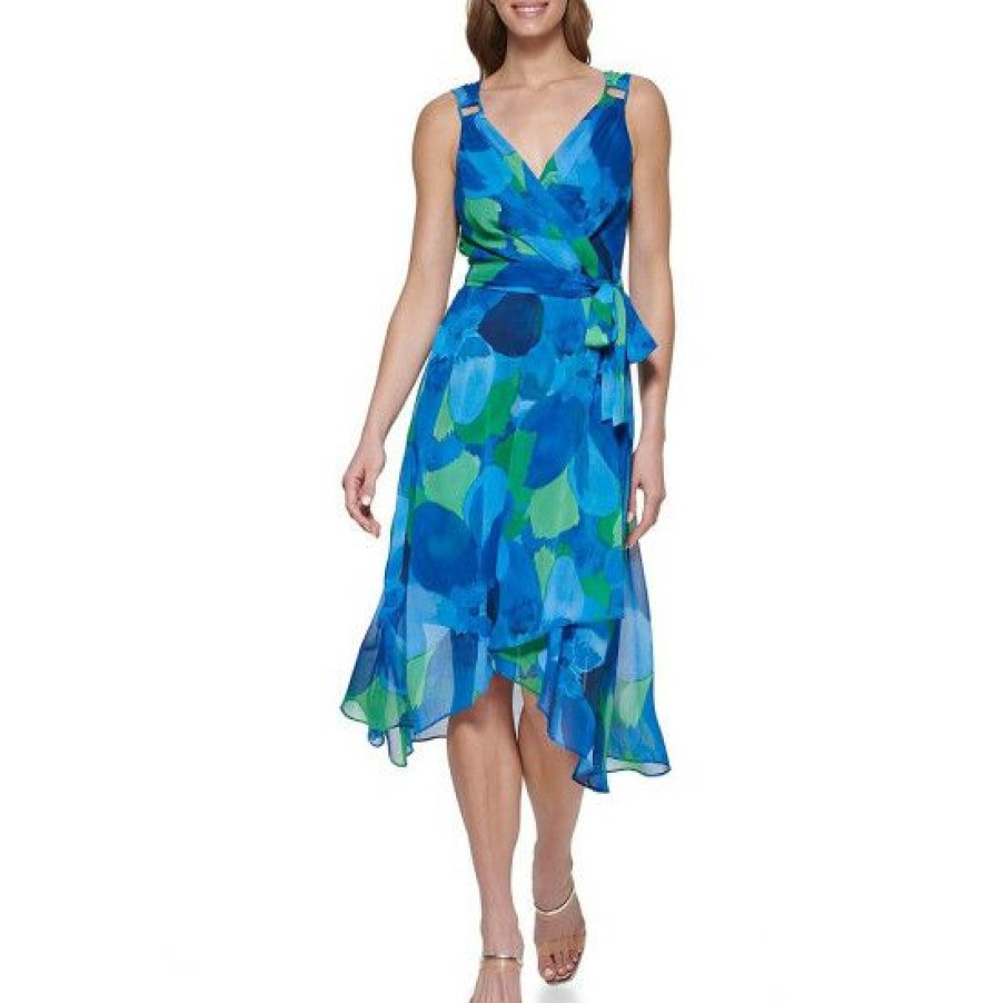 Women'S Clothing * | Deals Dkny Floral Print Faux Wrap Sleeveless Surplice V-Neck Chiffon Midi Dress Green Grass